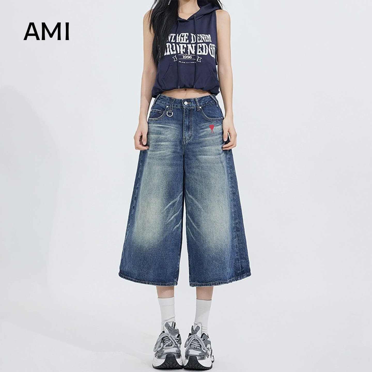 AMI官方 2026美式复古水洗阔腿七分牛仔裤女春季新款正品休闲短裤