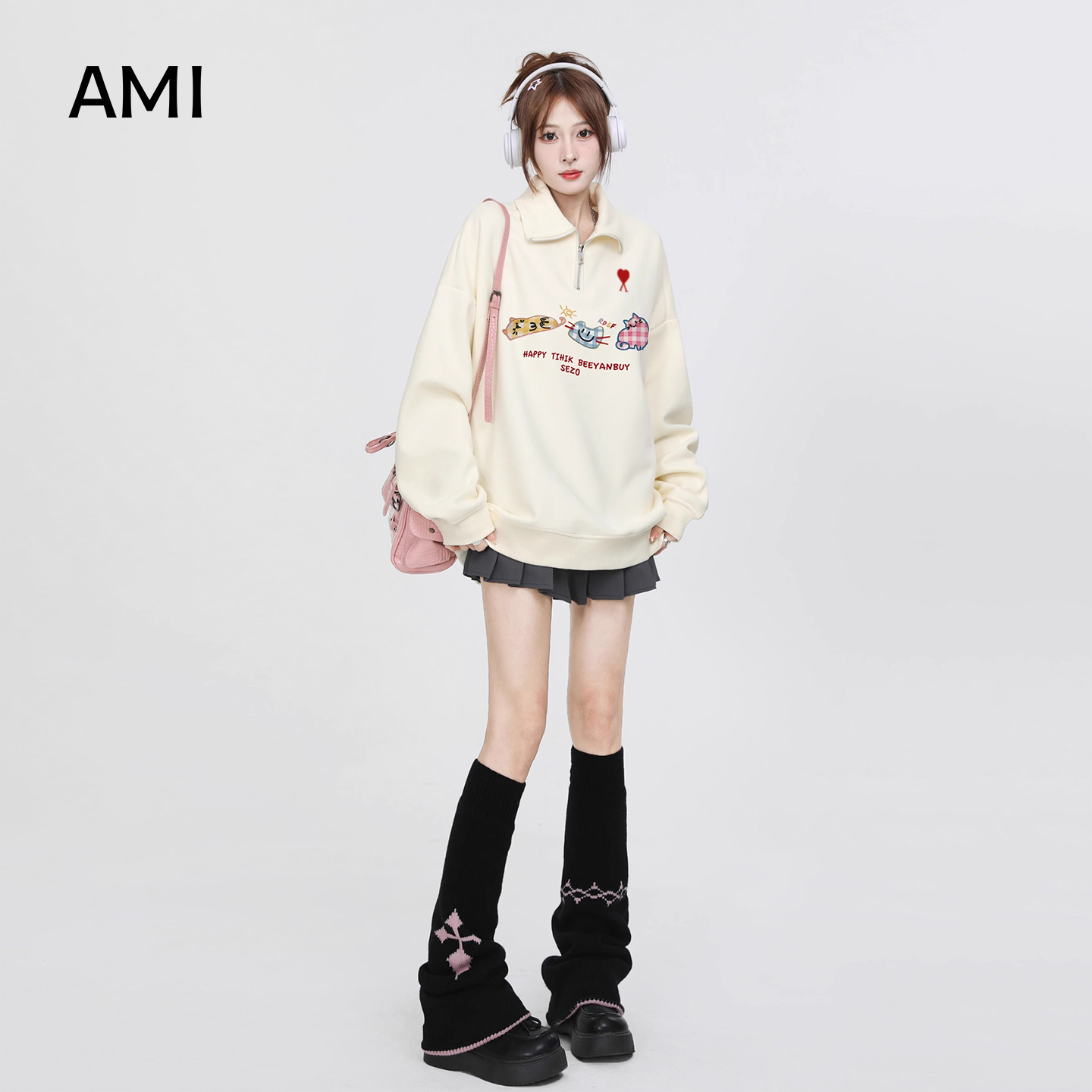 AMI美式粉色连帽卫衣外套女春秋季新款宽松慵懒风小个子拉链开衫