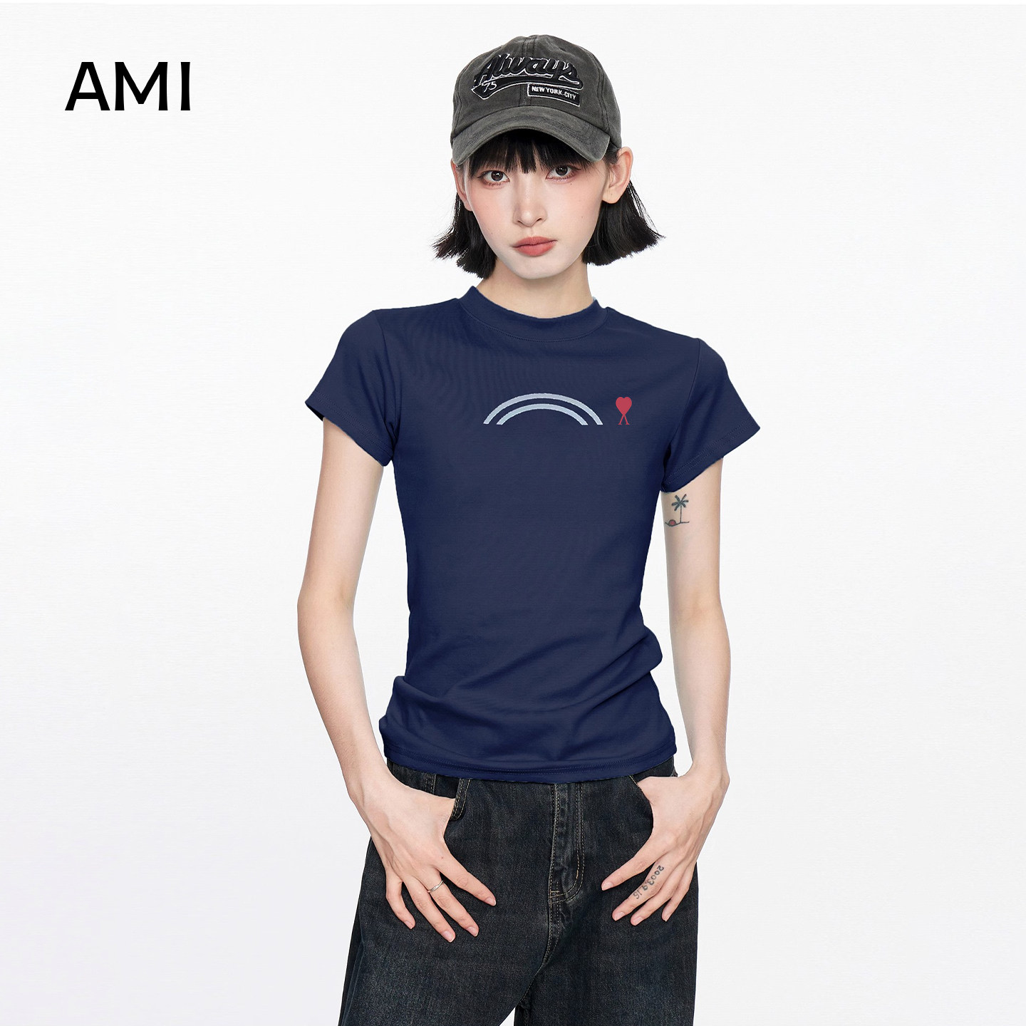 AMI官方2026美式藏青色26衫短袖t恤女春季新款修身显瘦正品棉上