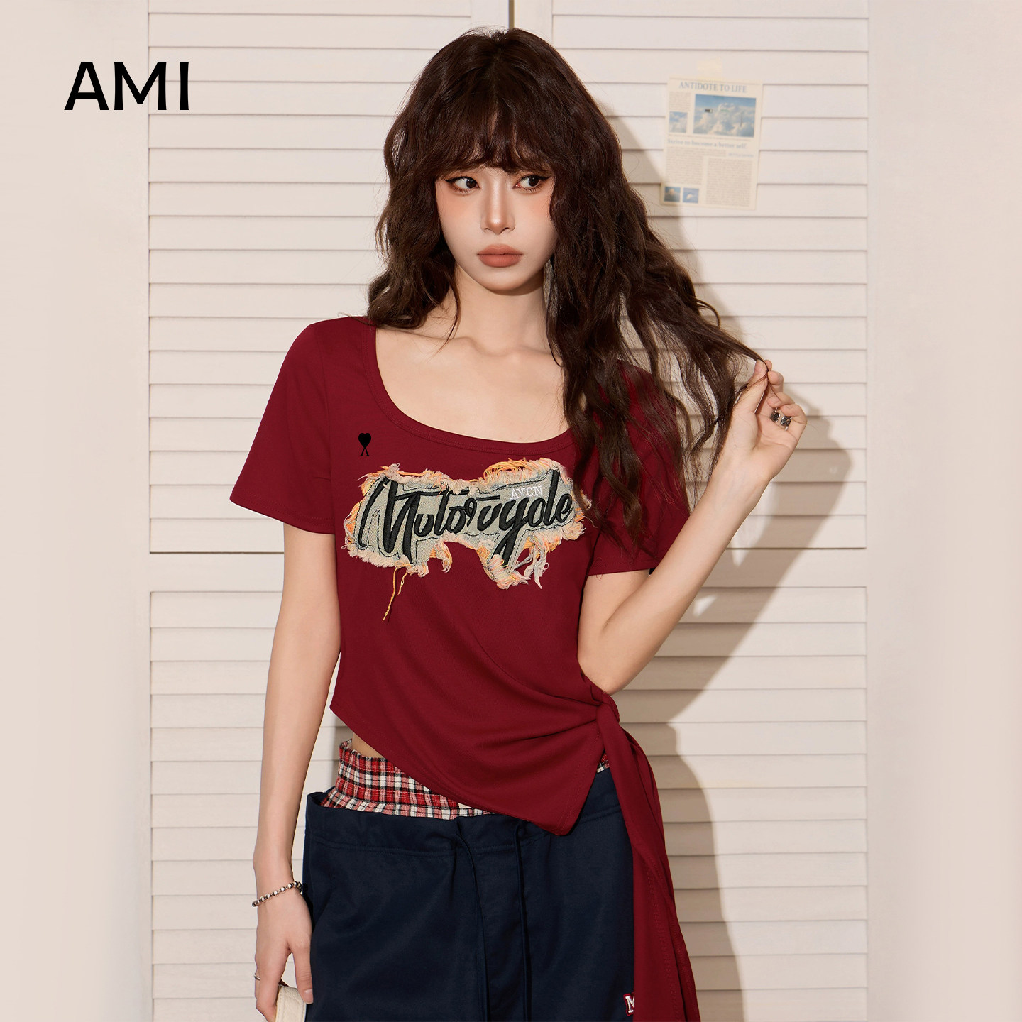 AMI官方 2026美式红色方领26衫短袖T恤女夏季正品修身收腰不规
