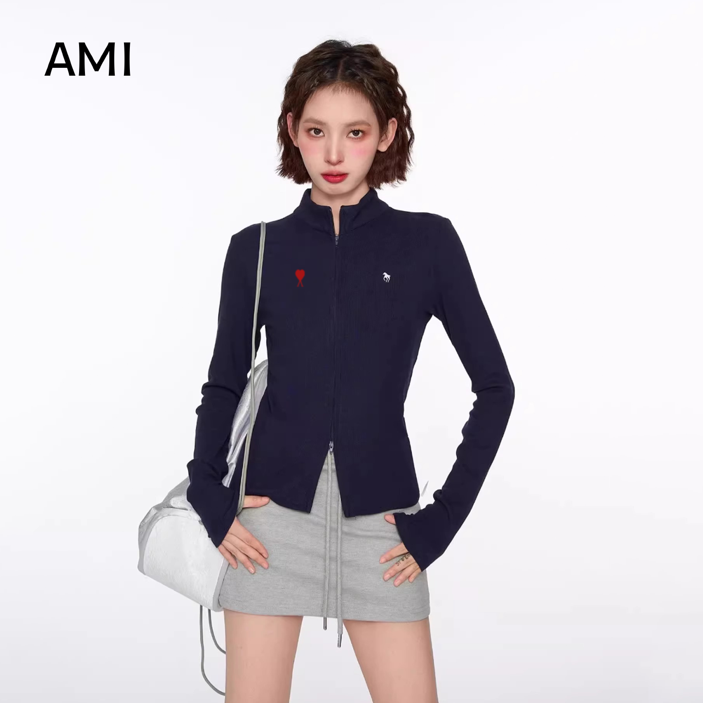 AMI美式双拉链立领长袖t恤女春秋新款短款修身内搭打底衫运动上衣