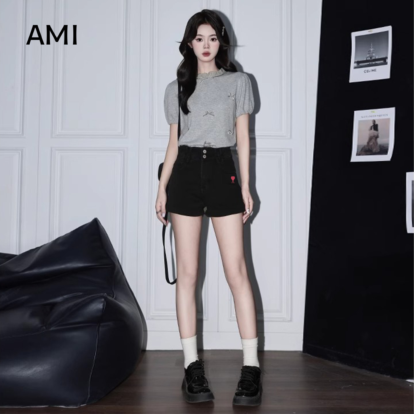 AMI官方 2026美式辣妹黑色牛仔短裤女春设计感正品A字梨形包臀热