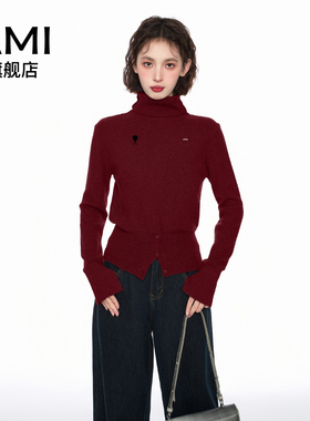 AMI2025新年款红色高领针织打底衫毛衣女冬季内搭修身本命年上衣