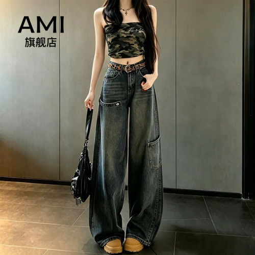 AMI女装美式辣妹风阔腿牛仔裤女秋冬高腰宽松显瘦直筒工装裤子9