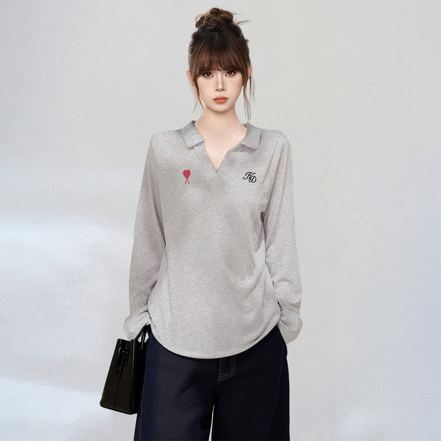 AMI官方美式灰色polo领长袖t恤女2026春秋新款宽松休闲外搭慵懒风