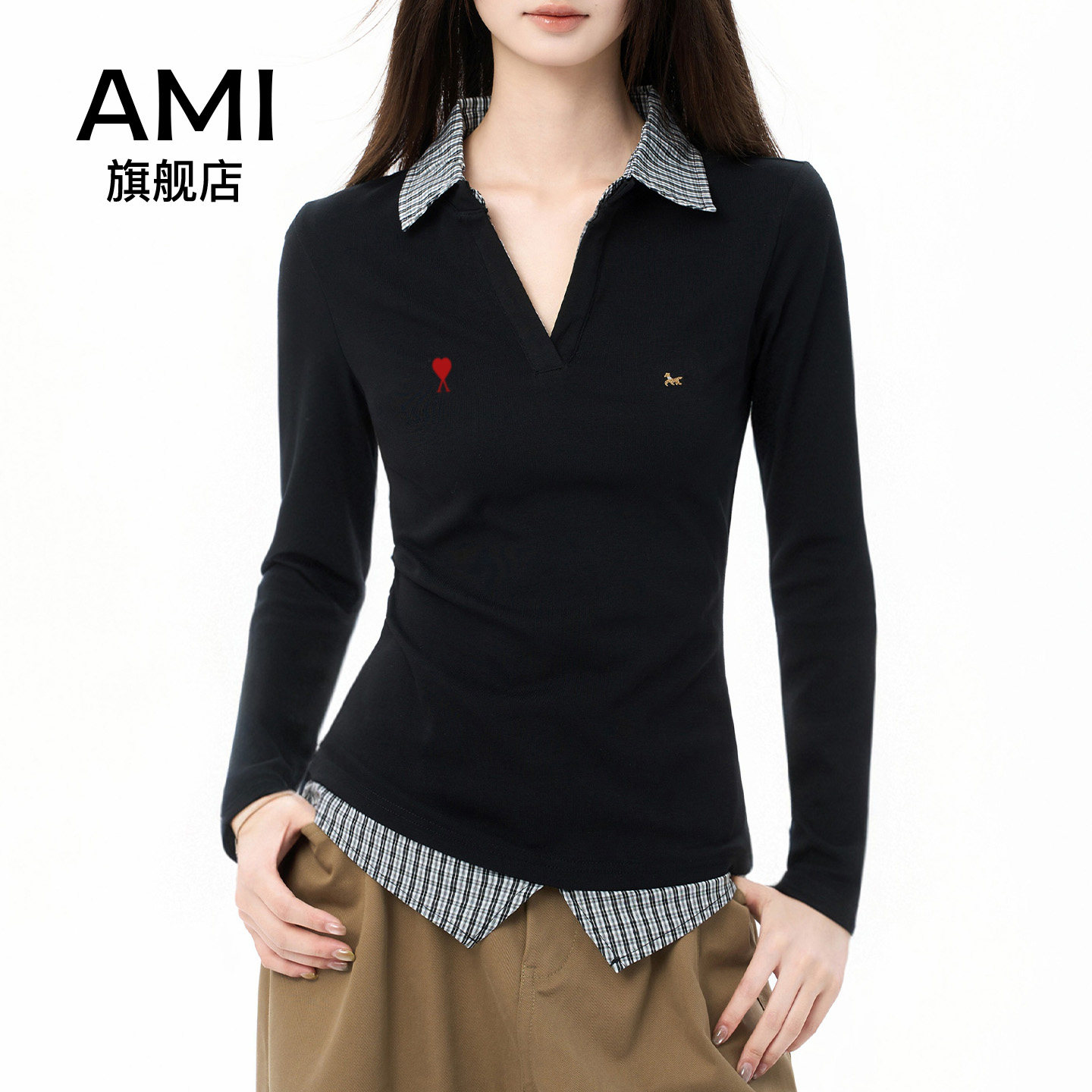 AMI官方黑色v领polo衫长袖正肩t恤女初春季2026新款设计感假两件