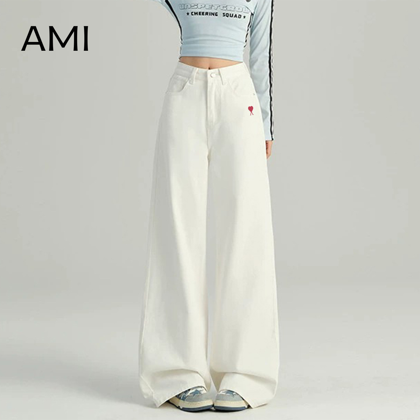 AMI官方 2026美式白色阔腿牛仔裤女春复古高腰宽松正品直筒拖地裤