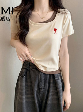 AMI官方美式假两件短袖t恤女装2026夏季新款修身方领小众短款上衣