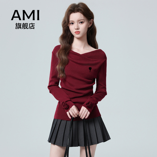 AMI官方红色新款立体花朵收腰短款上衣荡领长袖2026新年款针织衫
