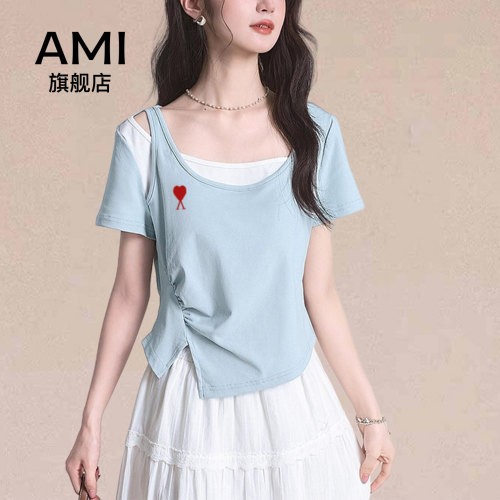 AMI官方纯欲风蓝色方领假两件短