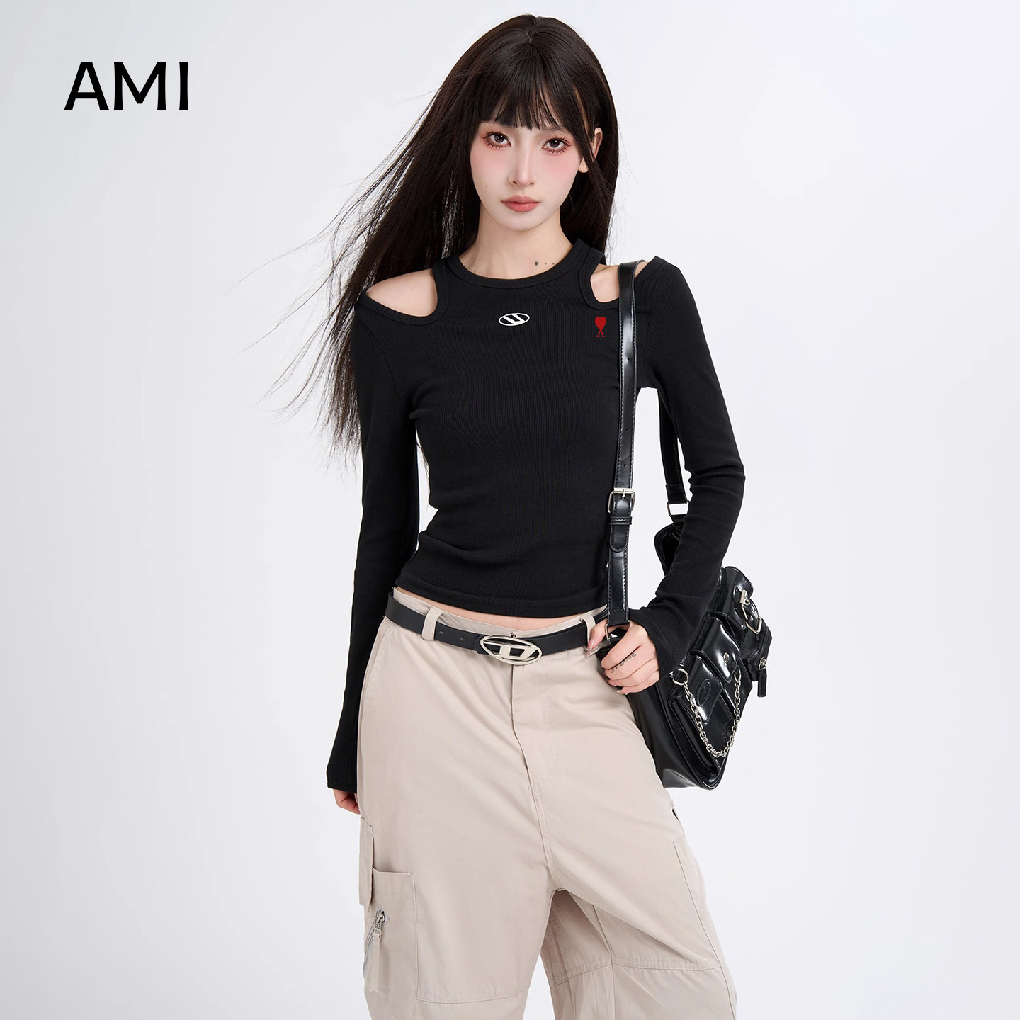 AMI官方美式黑色镂空露肩长袖t恤女春秋正品修身内搭打底衫辣妹上