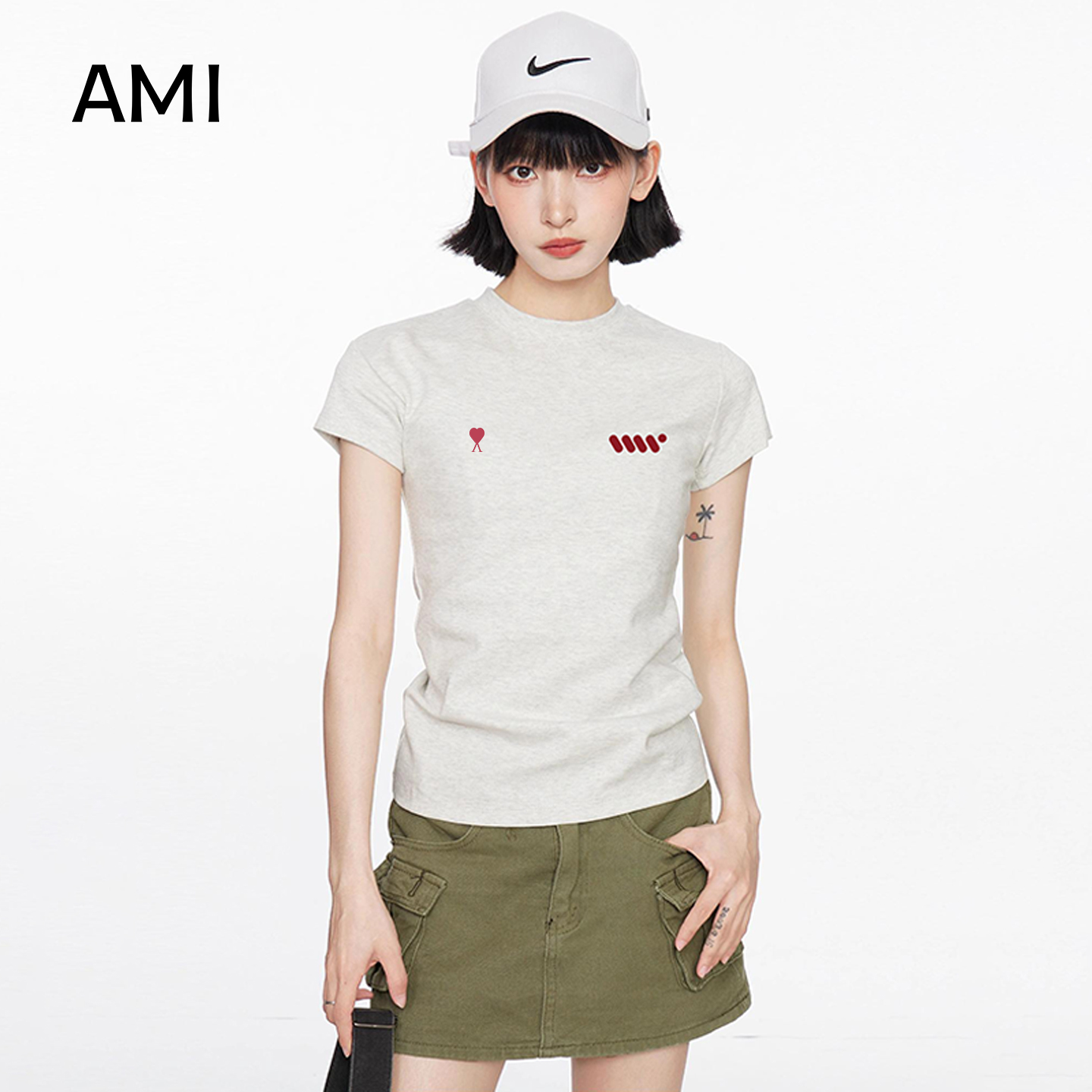 AMI美式白灰色正肩短袖t恤女夏2025新款紧身修身显瘦体恤短款上衣