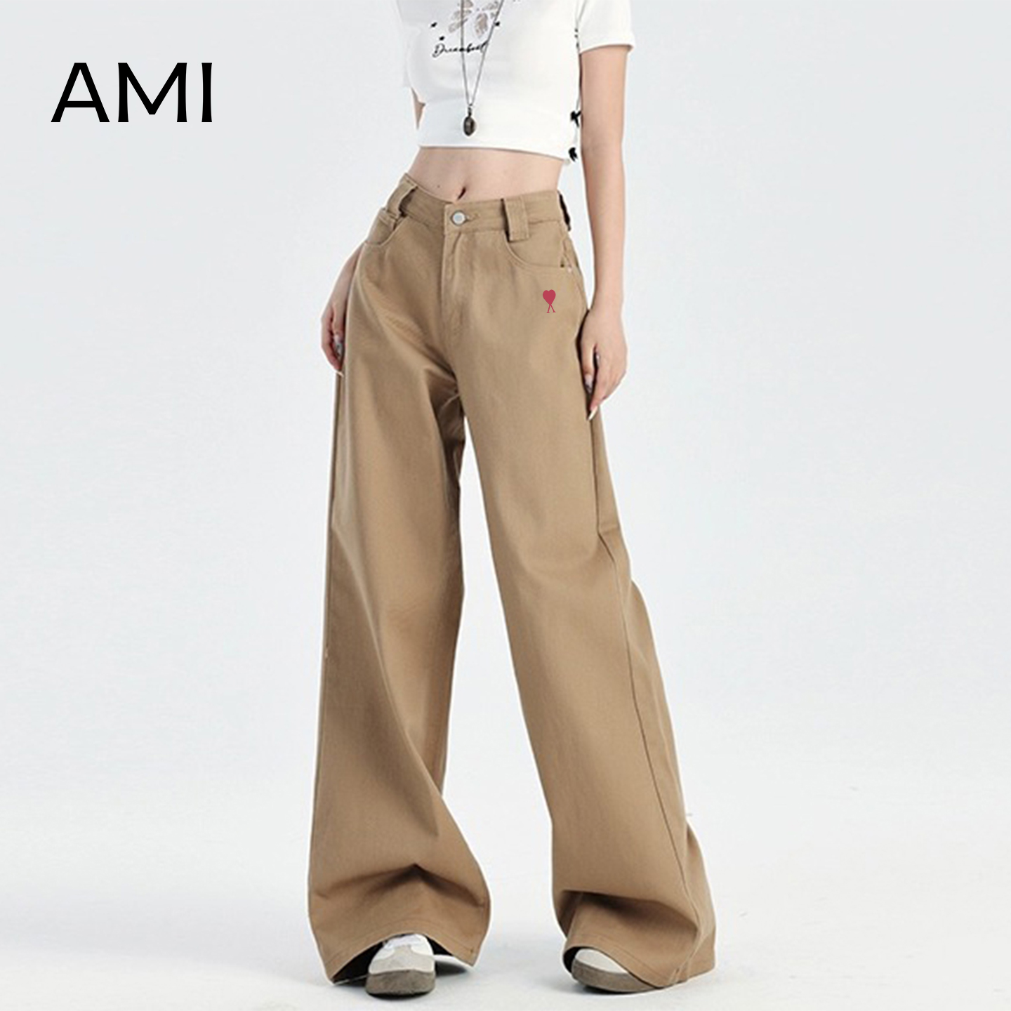 AMI旗舰店美式复古阔腿牛仔裤女夏宽松正品卡其色垂感直筒拖地裤