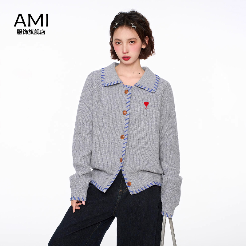 AMI 2025美式复古灰色polo领针织毛衣女冬秋开衫外套上衣毛线衣