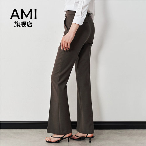 AMI女装咖棕色微喇西装裤女春秋高腰显瘦百搭阔腿时尚气质长裤