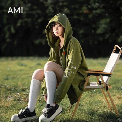 AMI 2025美式橄榄绿印花连帽卫衣女冬秋新款复古宽松开衫外套