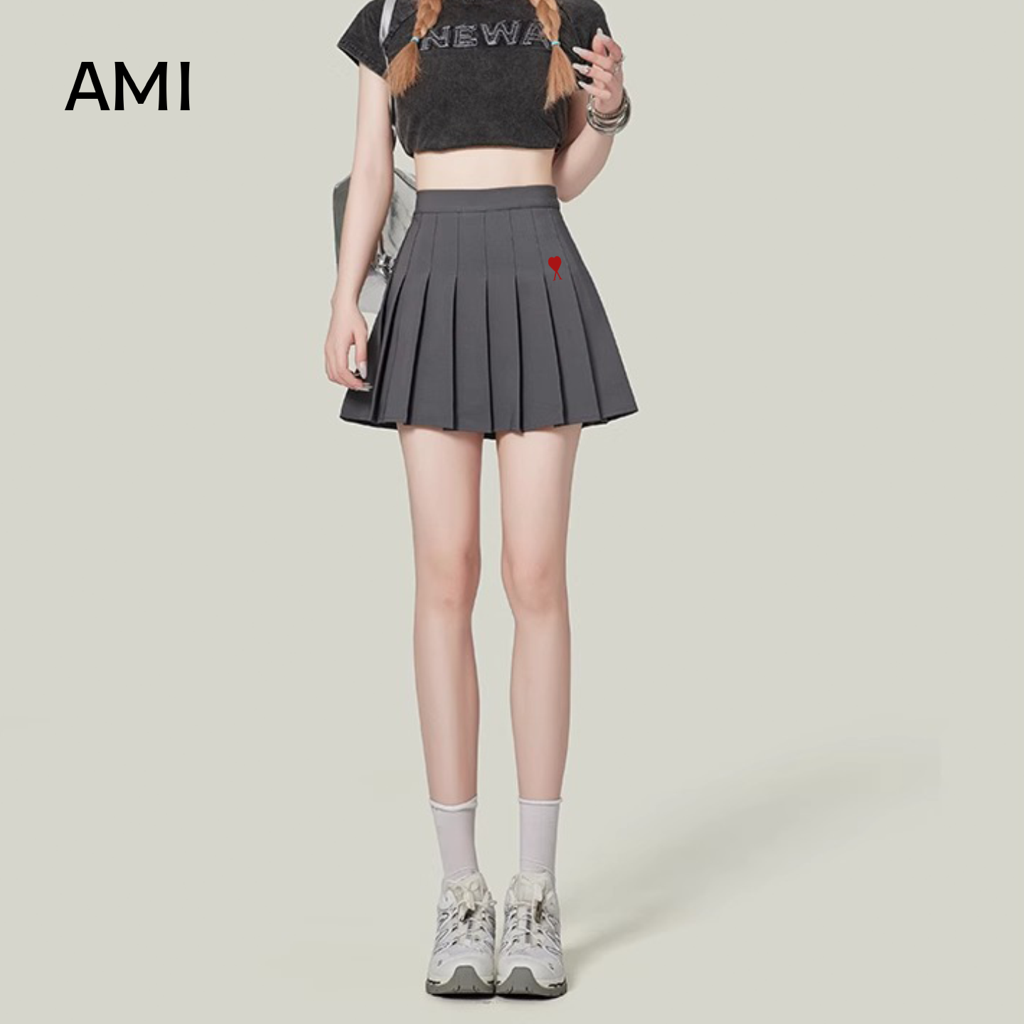 AMI 2025美式灰色百褶半身裙女冬季新款正品A字高腰显瘦短裙子