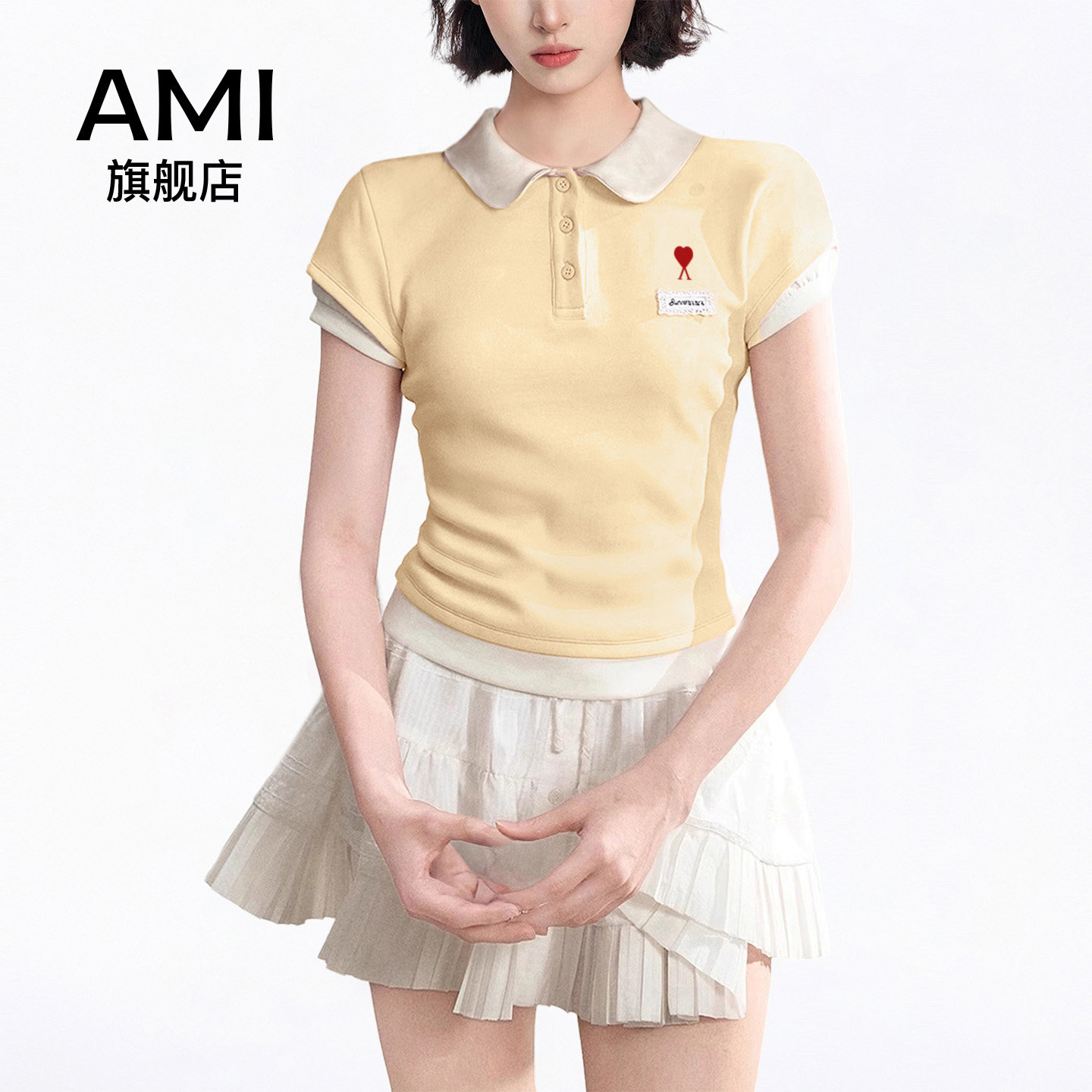 AMI黄色假两件polo衫正肩短袖t恤女夏季修身短款收腰半袖娃领上衣