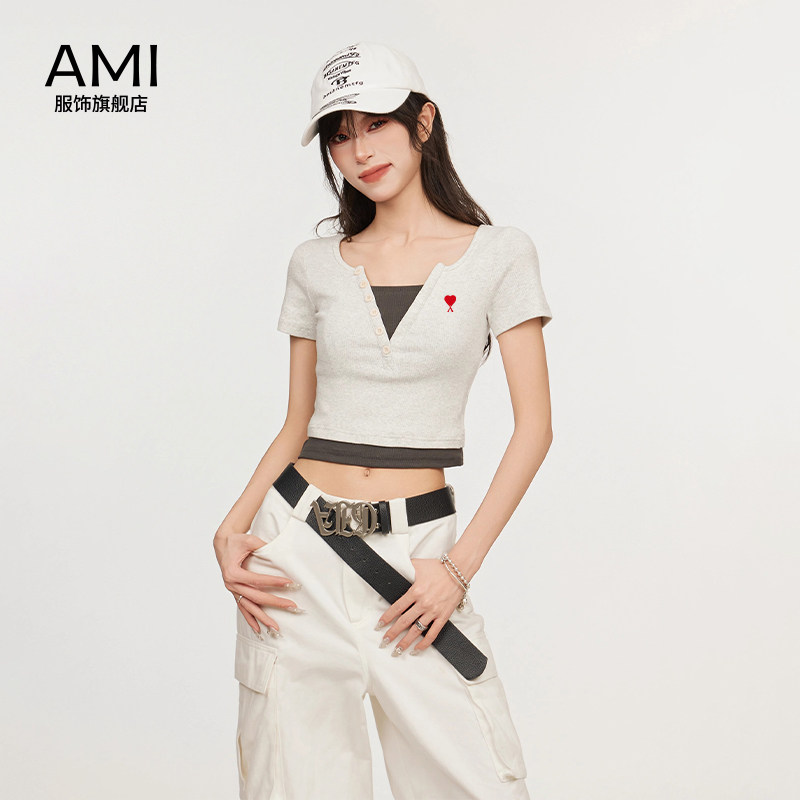 AMI官方美式假两件正肩短袖t恤女夏夏季设计感紧身修身短款潮牌上