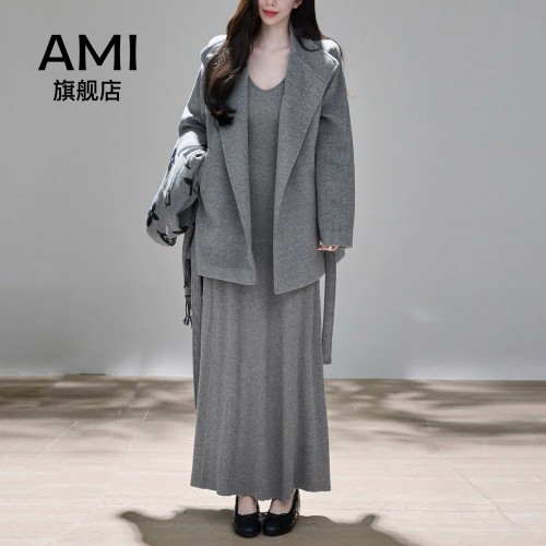 AMI女装高端立领双面毛呢外套女2026冬季宽松保暖短款呢子大衣