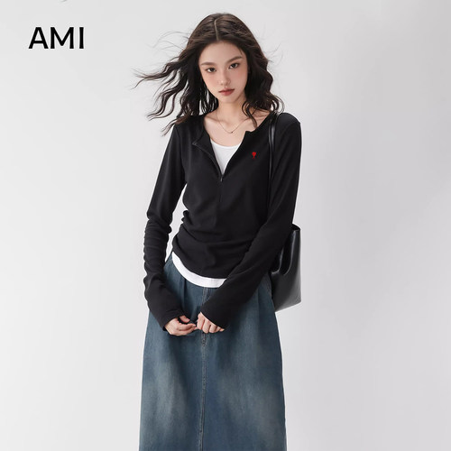 AMI官方美式撞色假两件半拉链打底衫女春初春正品设计感长袖T恤上