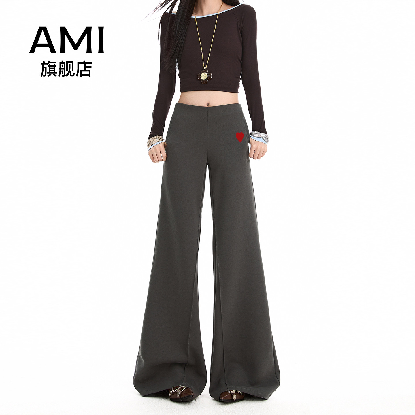 AMI官方美式灰色微喇裤女秋宽松显瘦垂感运动休闲卫裤拖地喇叭裤图片