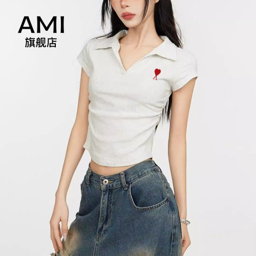 AMI官方美式v领短袖t恤女装夏季正肩修身显瘦收腰设计感小众衣