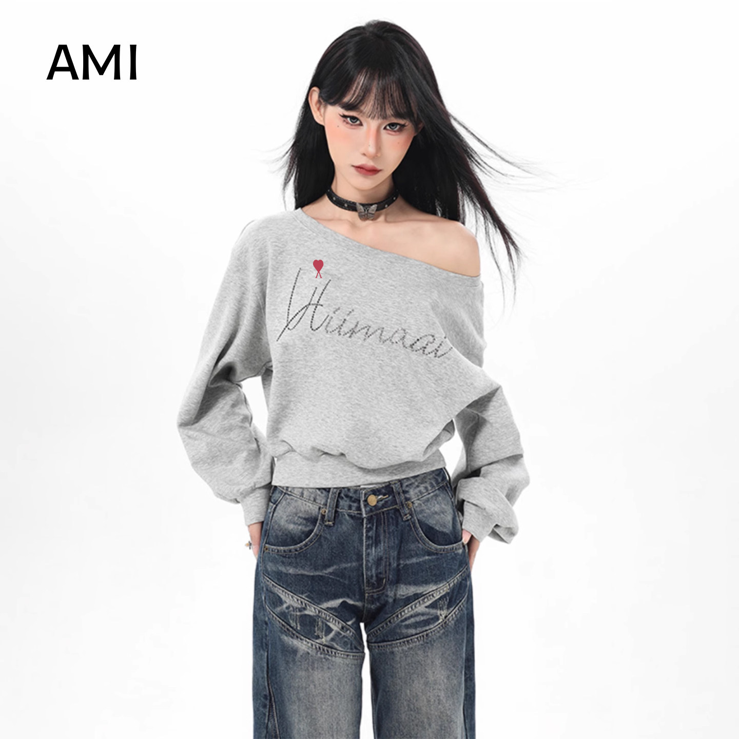 AMI官方美式灰色短款斜肩卫衣女秋春设计感小众薄款长袖露肩上衣