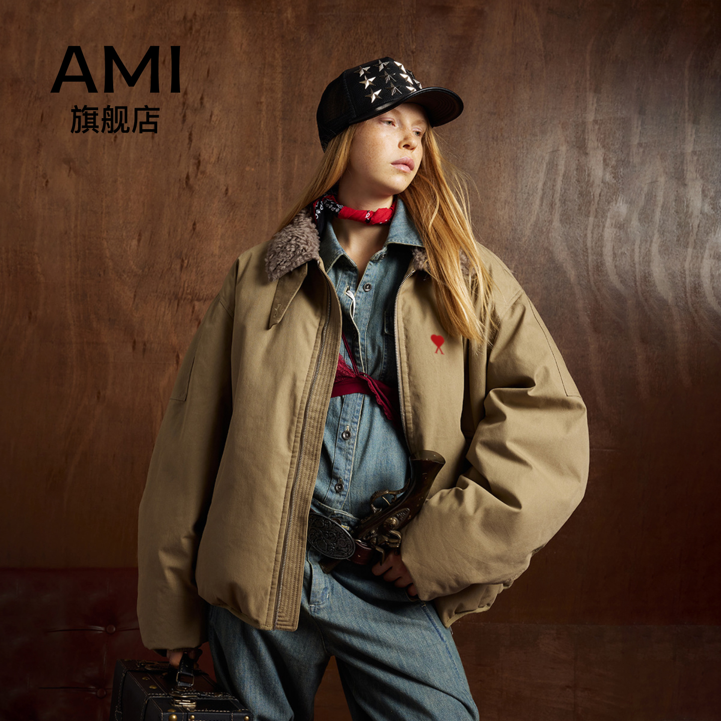 AMI美式简约设计感廓形羊羔毛翻领2025冬季工装外套宽松男女棉服