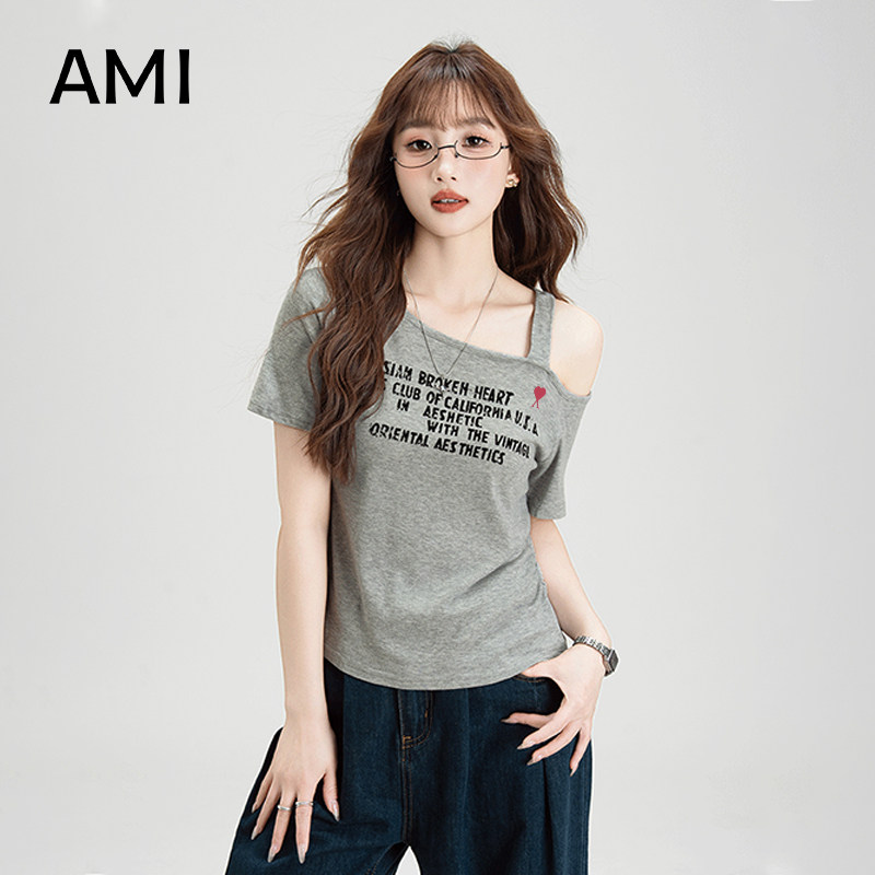 AMI官方 2026美式斜肩设计短袖T恤女春季新款正品字母印花修身上