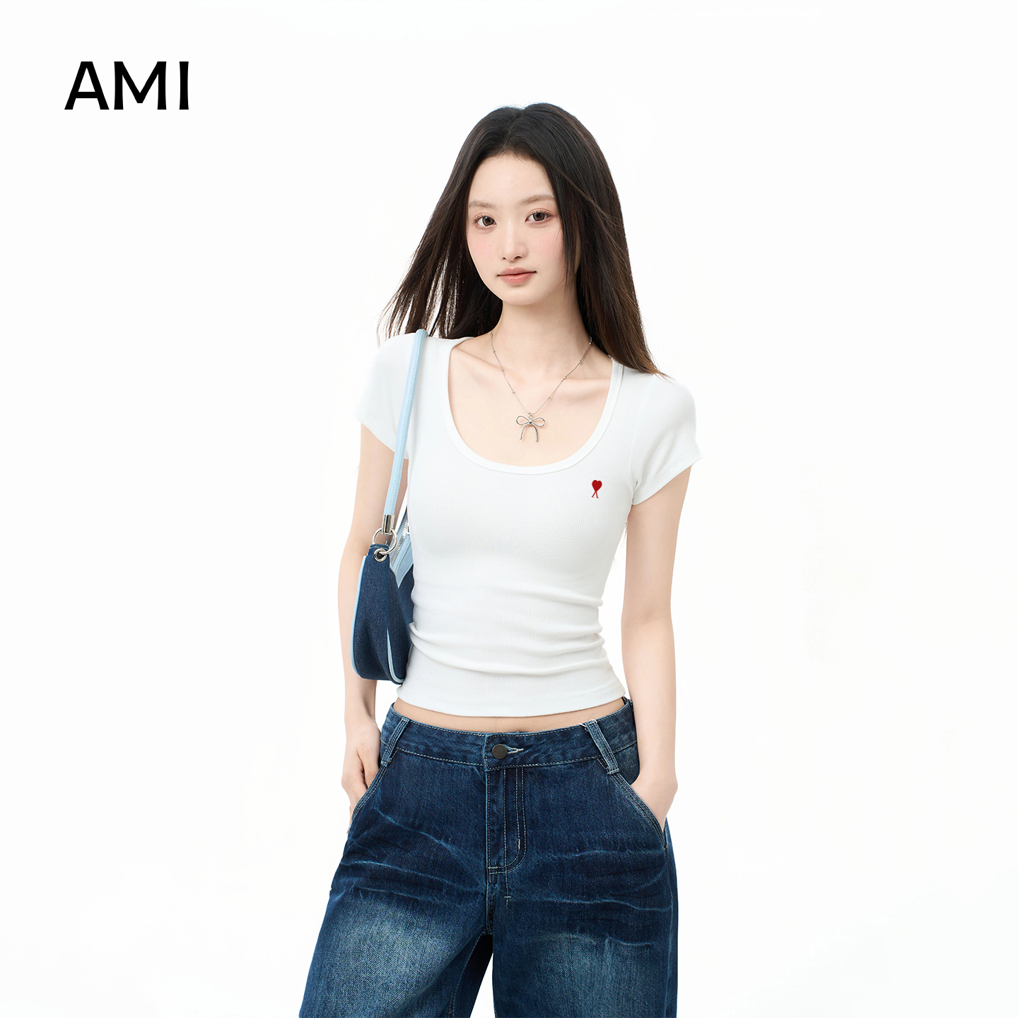 AMI旗舰店美式白色大u领正肩短袖t恤女夏季修身紧身正品显瘦上衣