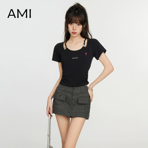 AMI官方旗舰店美式黑色假两件正肩短袖t恤女夏季辣妹正品收腰短款