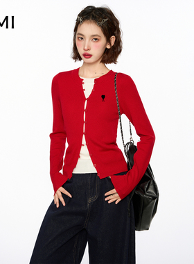 AMI 2025红色爱心刺绣假两件针织开衫女2025冬秋款修身显瘦毛衣