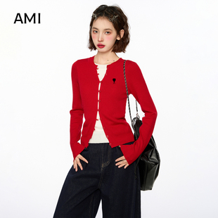 AMI 2025红色爱心刺绣假两件针织开衫女2025冬秋款修身显瘦毛衣