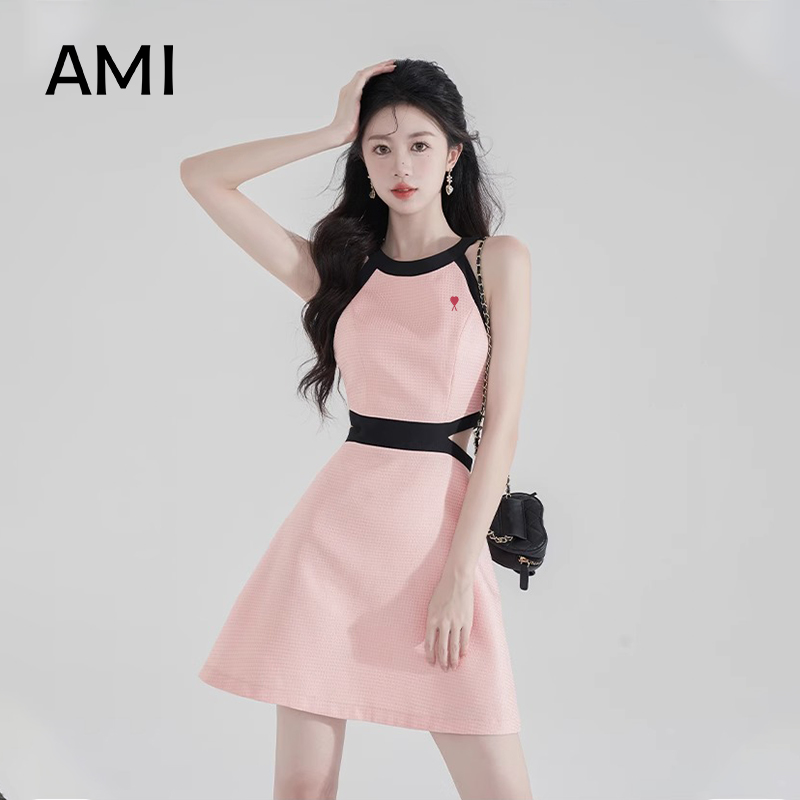 AMI 2025美式粉色无袖挂脖连衣裙女冬正品高级感露腰a字吊带裙子