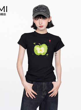 AMI旗舰店美式黑色苹果印花正肩短袖t恤女夏季正品设计感修身上衣