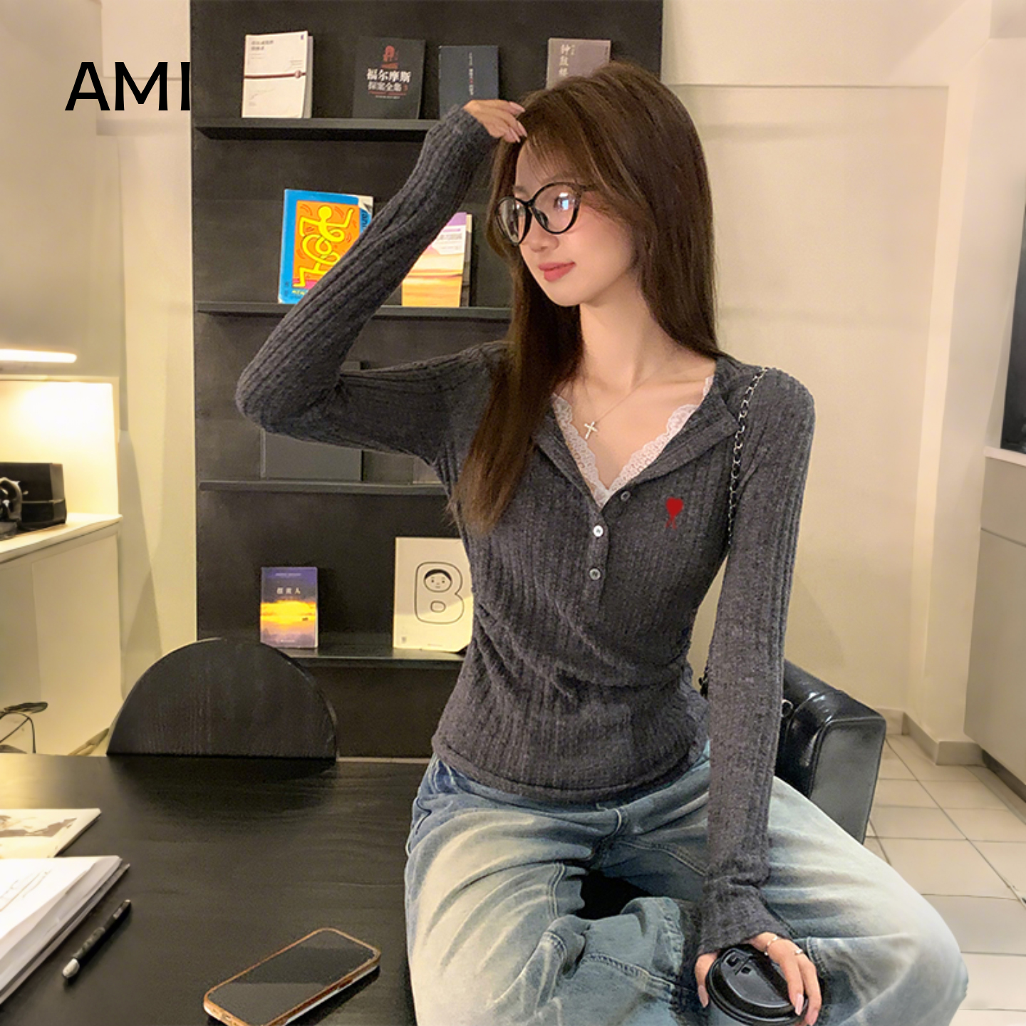 AMI美式深灰半开领蕾丝拼接针织衫女冬秋新款打底衫修身内搭上衣
