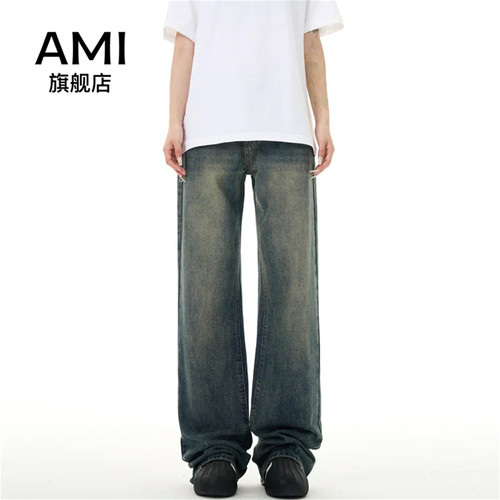 AMI女装美式复古牛仔裤女蓝色水洗做旧长裤百搭宽松直筒裤子春秋