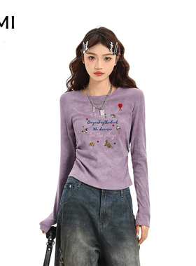 AMI美式紫色打底衫长袖t恤女冬秋新款甜辣收腰修身短款多巴胺上衣