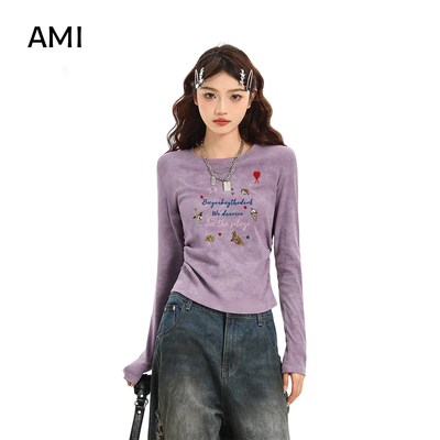 AMI官方美式紫色26衫长袖t恤女春初春新款甜辣收腰修身短款多巴