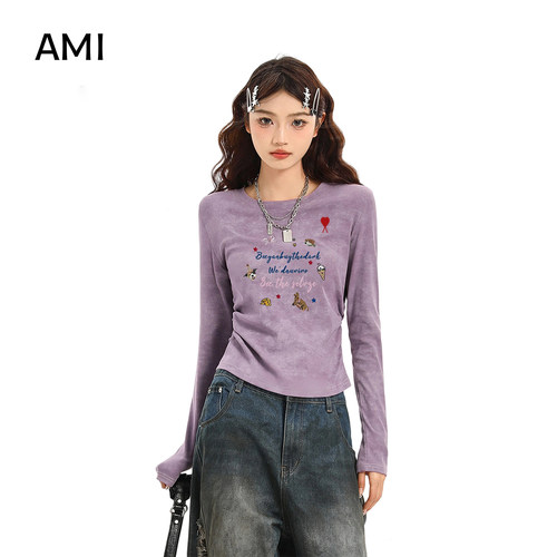 AMI官方美式紫色26衫长袖t恤女春初春新款甜辣收腰修身短款多巴