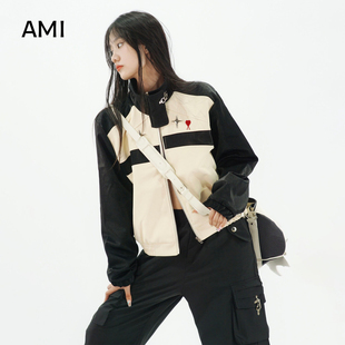 AMI官方 2026美式复古拼色短款皮衣女辣妹短外套春秋新款设计感宽