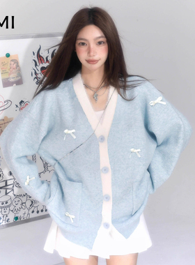 AMI美式蓝色V领蝴蝶结毛衣开衫女秋冬新款软糯慵懒针织外套上衣