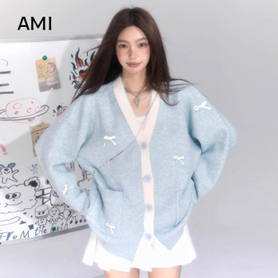 AMI美式蓝色V领蝴蝶结毛衣开衫女秋冬新款软糯慵懒针织外套上衣