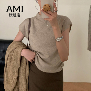 AMI官方半高领小飞袖短袖t恤女夏正肩修身短款冰丝针织衫气质上衣