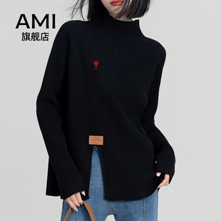 AMI黑色半高领毛衣针织衫冬季加厚内搭中领不规则开叉羊毛打底衫