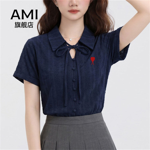 ami官方藏蓝色POLO领短袖衬衫女夏蝴蝶结系带设计感百搭显瘦上衣
