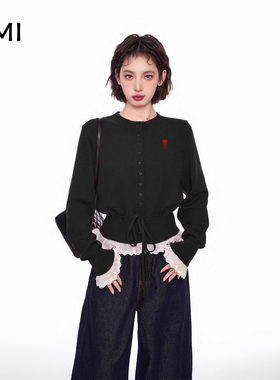 AMI 美式假两件针织衫长袖女装秋冬黑色小众毛衣修身短款开衫外套