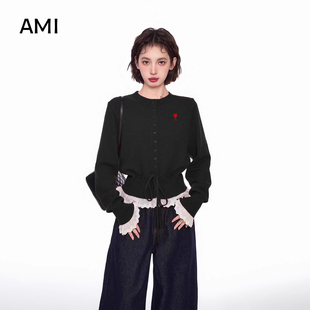 长袖 女装 秋冬黑色小众毛衣修身 AMI 开衫 假两件针织衫 短款 外套 美式