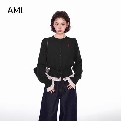 AMI 美式假两件针织衫长袖女装秋冬黑色小众毛衣修身短款开衫外套